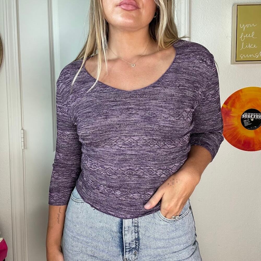 Vintage Y2K 2000s Aqua Blues Purple Abstract Knit Top Sz S